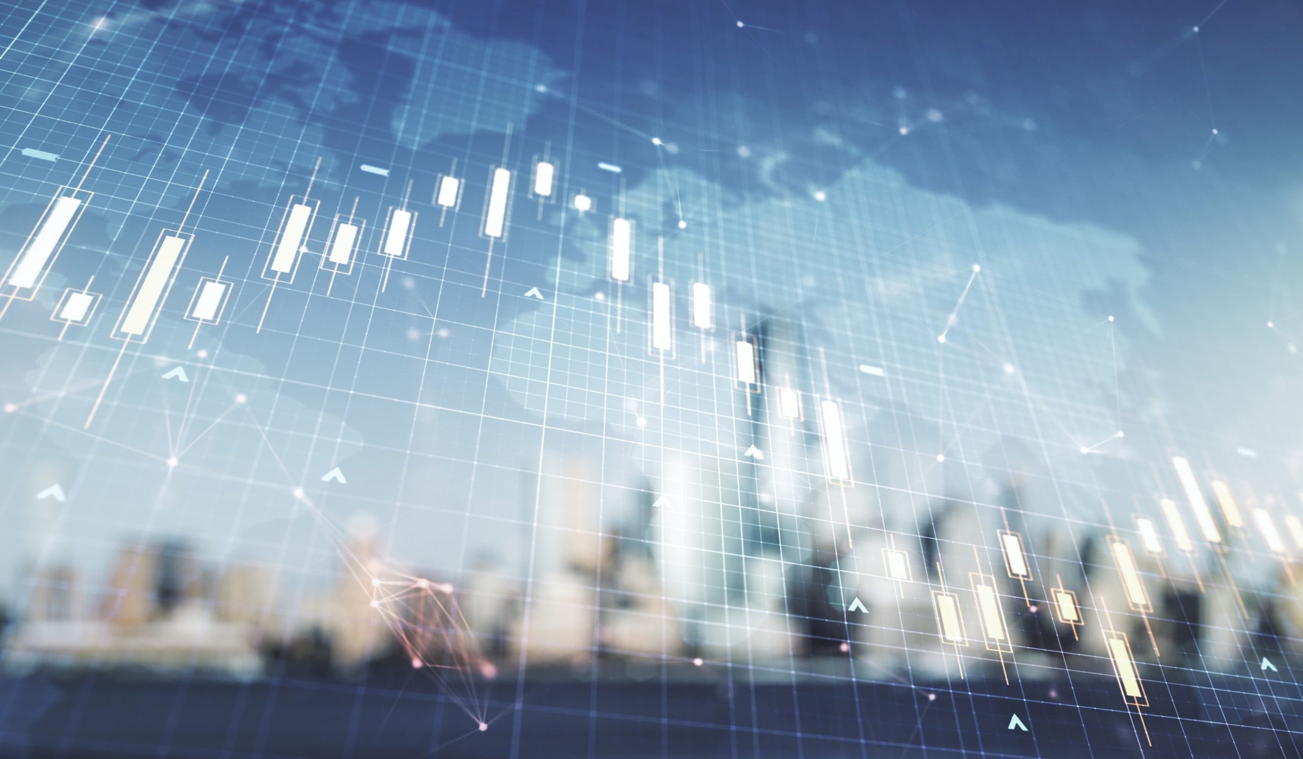 A landscape of a city skyline with a world map