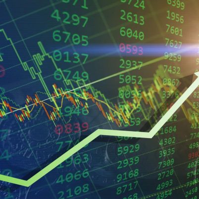 a computer screen used by traders to buy and sell on the stock market with an arrow that indicates the prices of a stock is rising